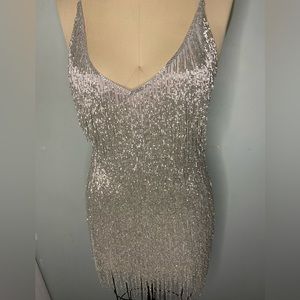 Hand beaded silver fringe tassel dress